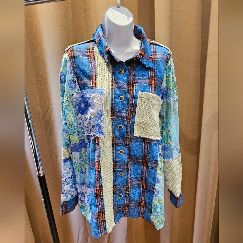 POL Patchwork Mixed Fabric Shacket Jacket – Style GWT224 Woman's